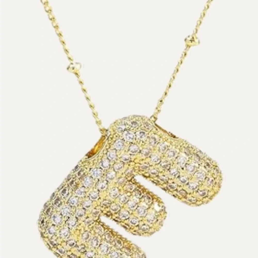 Gold Bubble Initial “E” Pendant Necklace CZ Pave Letter, 18” Chain, NWT